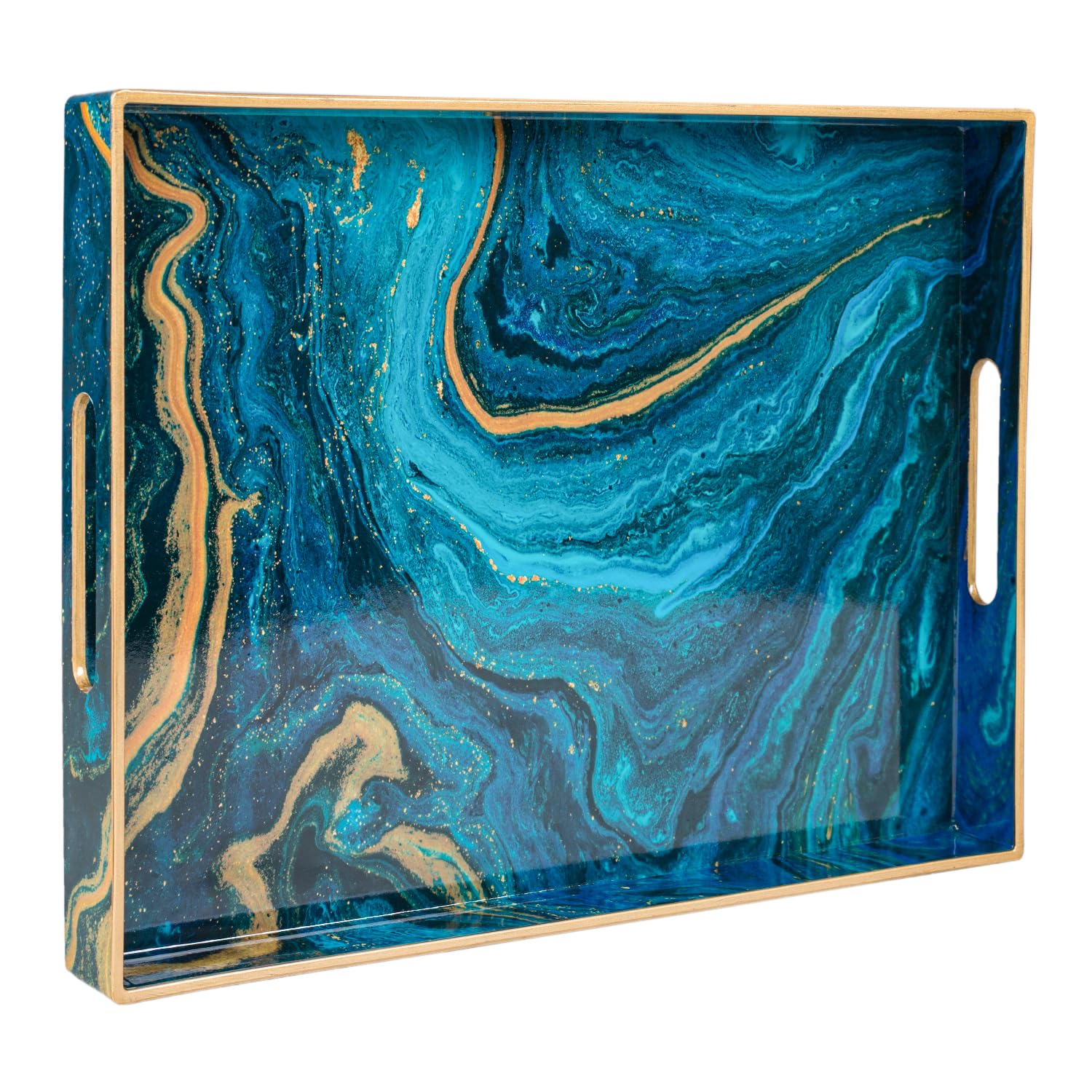 MAONAME Plastic Decorative Tray, Marbling Tray with Handles, Rectangular Coffee Table Tray, Serving Tray for Ottoman, Bathroom, 15.7” x 11.8”, Blue