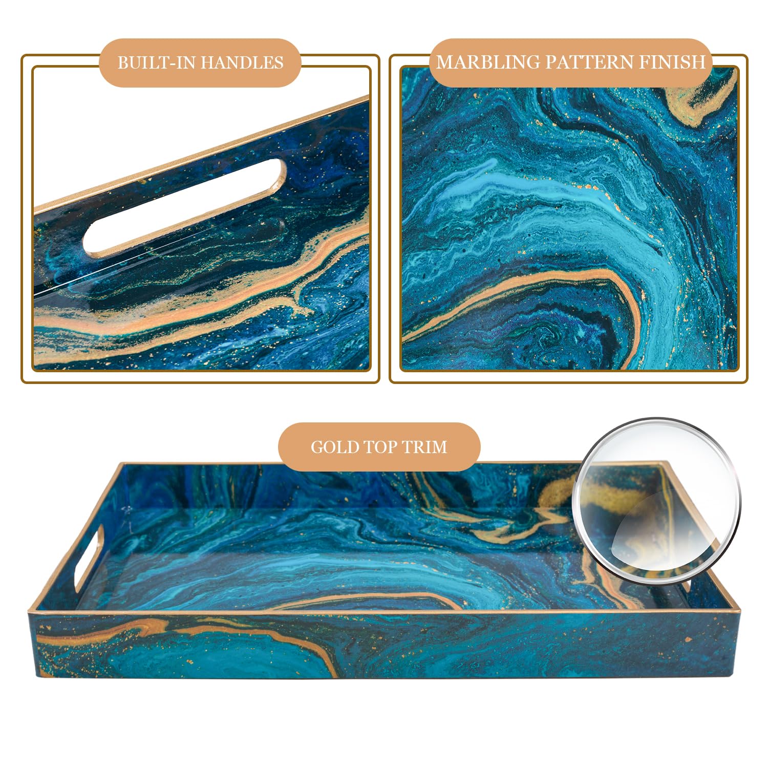 MAONAME Plastic Decorative Tray, Marbling Tray with Handles, Rectangular Coffee Table Tray, Serving Tray for Ottoman, Bathroom, 15.7” x 11.8”, Blue