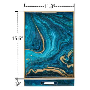 MAONAME Plastic Decorative Tray, Marbling Tray with Handles, Rectangular Coffee Table Tray, Serving Tray for Ottoman, Bathroom, 15.7” x 11.8”, Blue