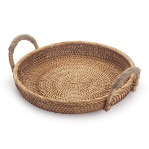 decrafts rattan round fruit basket for table wicker bread tray with handle for serving food, crackers, snacks (11inch d x 1.8inch h)