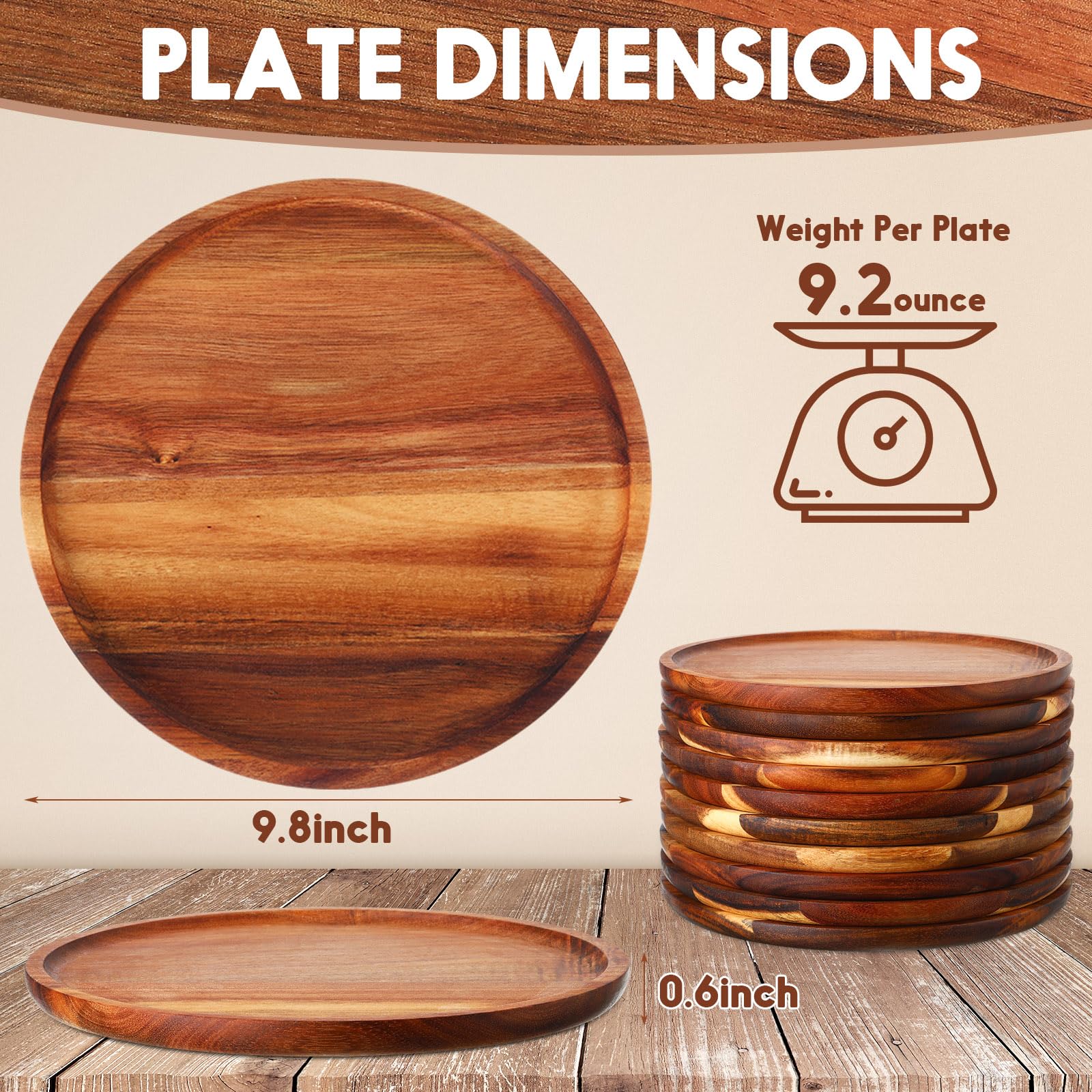 Rtteri 12 Pieces Acacia Wood Dinner Plates 9.8 Inch Round Wood Dishes Wooden Charger Serving Tray Easy Cleaning Lightweight Unbreakable Classic Plate for Dishes Snack, Dessert, Housewarming Gift