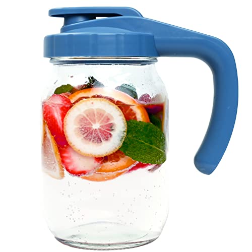 LIVEBAY Glass Mason Jar Pitcher Wide Mouth, 1 Quart (32oz / 1 Liter) Pitcher for Iced Tea, Juice, Coffee, Blue