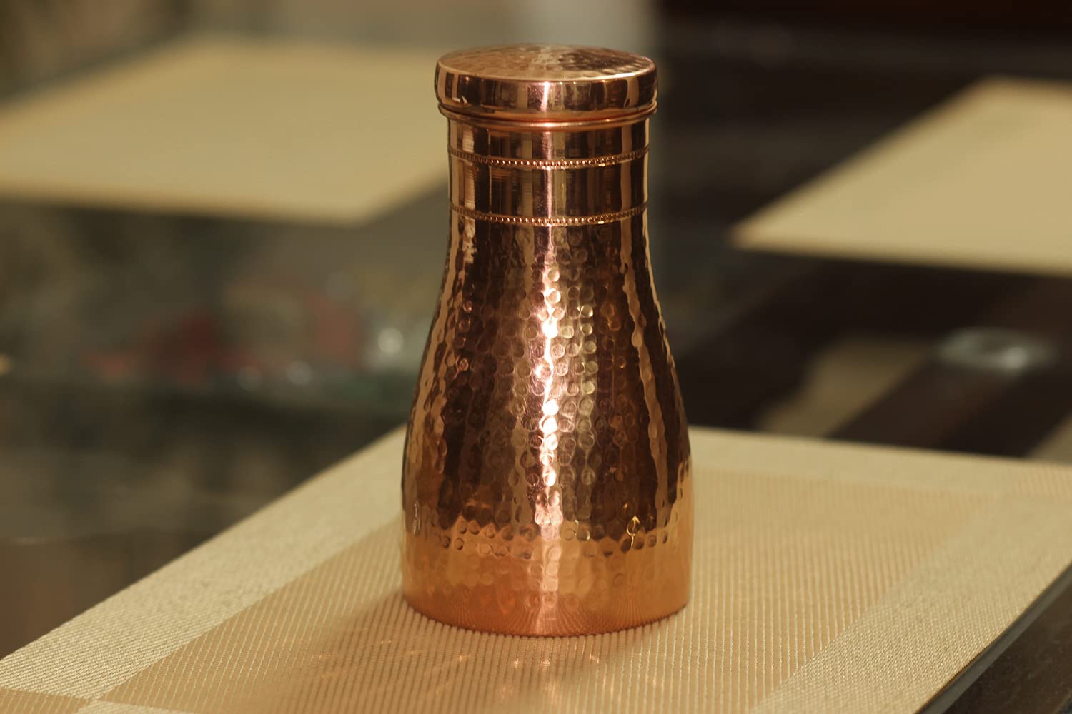 Pure Copper Hammered Design Pitchers And Bedside Carafes With Tumbler Water Bottle Storage With Lid