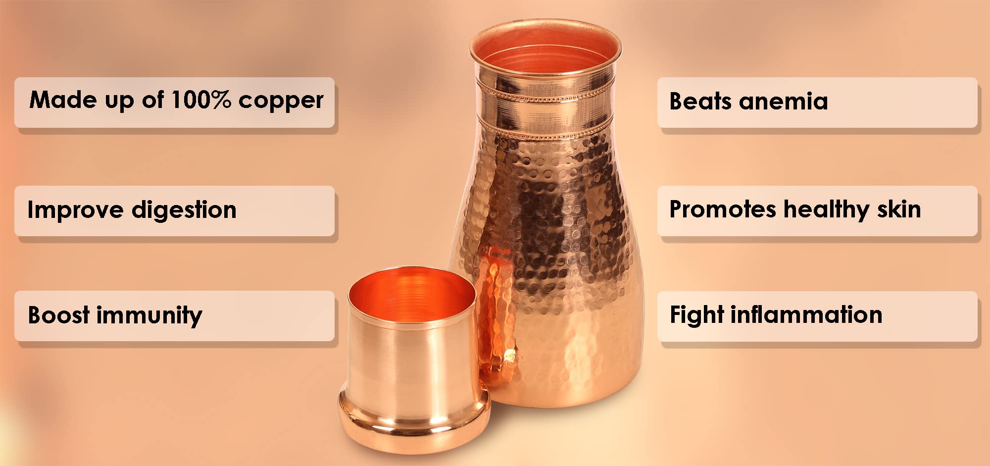 Pure Copper Hammered Design Pitchers And Bedside Carafes With Tumbler Water Bottle Storage With Lid