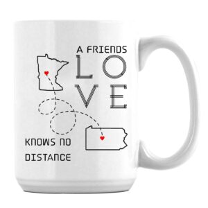 Distance Mug Minnesota Pennsylvania A Friends Love Knows No Distance Gift for Best Friend Gift State To State Long Distance Coffee Mug for Best Friends Funny State Coffee Mugs 15oz