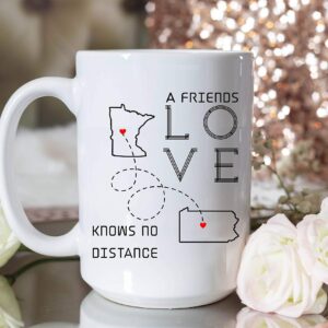 Distance Mug Minnesota Pennsylvania A Friends Love Knows No Distance Gift for Best Friend Gift State To State Long Distance Coffee Mug for Best Friends Funny State Coffee Mugs 15oz