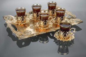 lamodahome golden tea set of 6 and tray - includes 6 glasses, 6 saucers holders, and a tray - vip special serving turkish tulip - arabic, moroccan coffee sets - cups and mugs