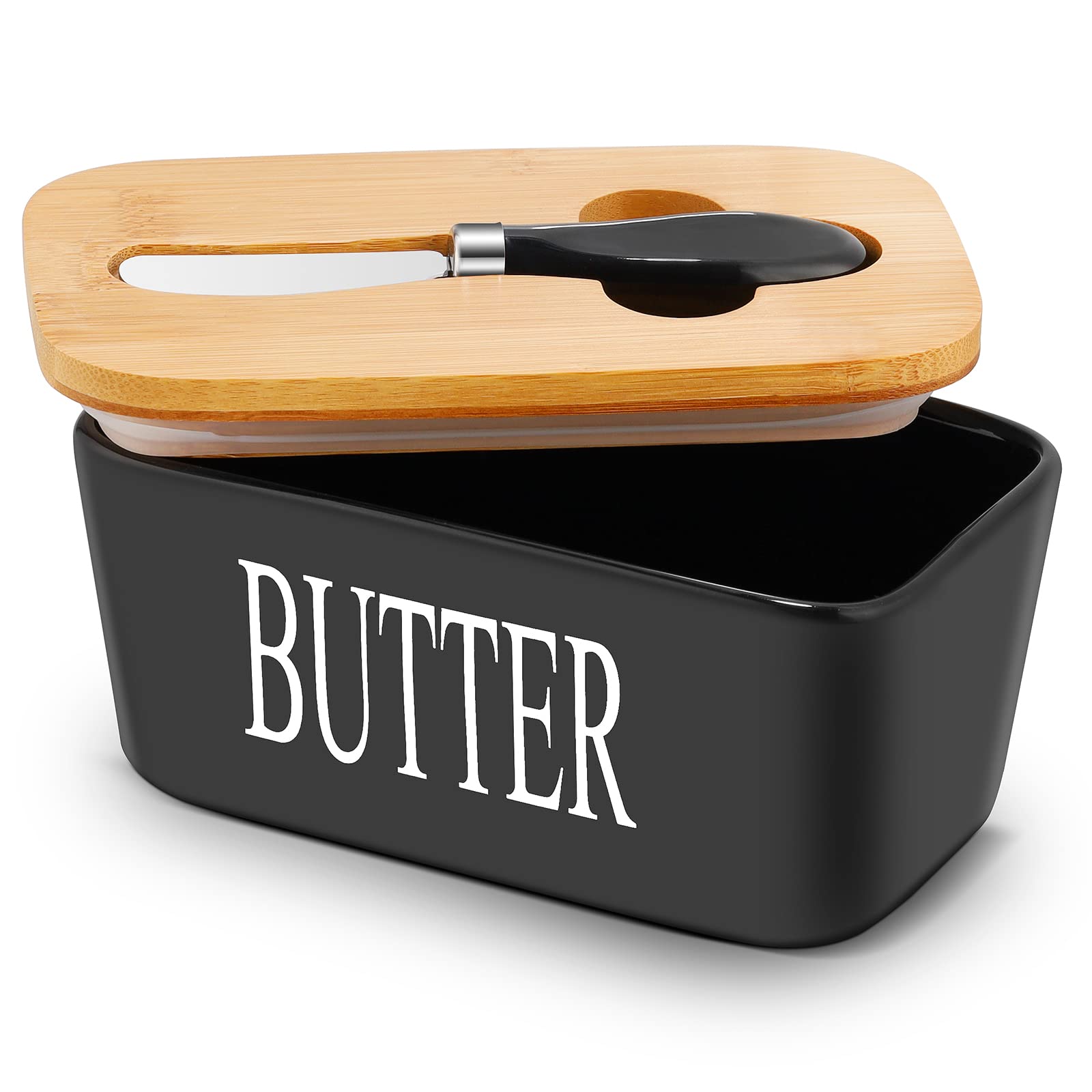 Ceramic Butter Dish with Lid and Knife, Airtight Black Butter Container, Butter Holder for Butter Storage, Butter Keeper for Countertop, Perfect for West or East Coast Butter