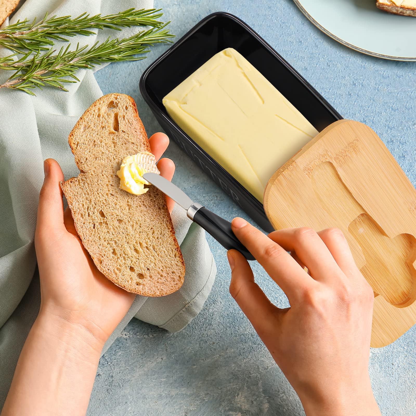 Ceramic Butter Dish with Lid and Knife, Airtight Black Butter Container, Butter Holder for Butter Storage, Butter Keeper for Countertop, Perfect for West or East Coast Butter