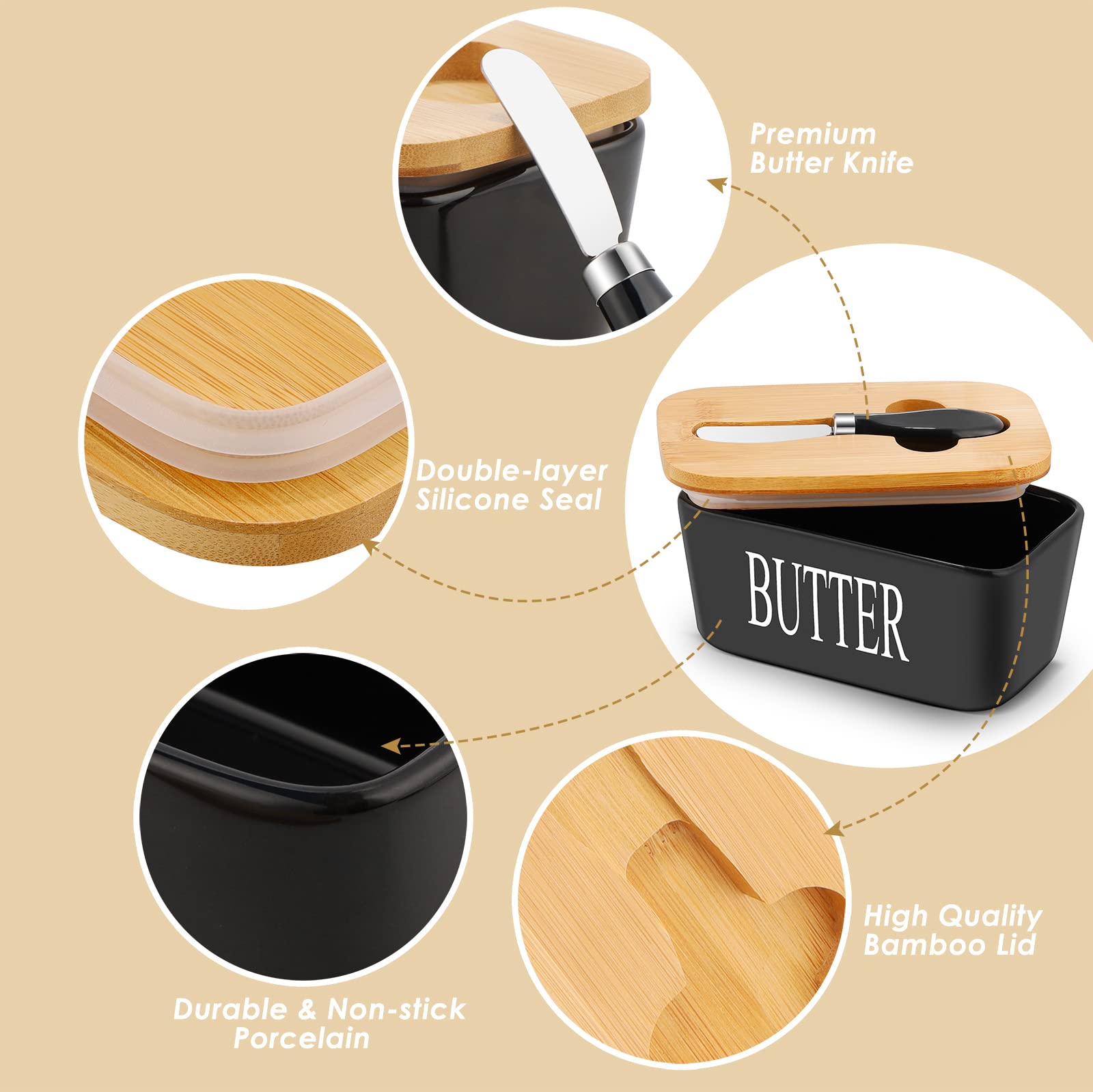 Ceramic Butter Dish with Lid and Knife, Airtight Black Butter Container, Butter Holder for Butter Storage, Butter Keeper for Countertop, Perfect for West or East Coast Butter