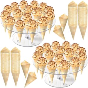 2 Pieces Ice Cream Cone Holder with 100 Pieces Disposable Wood Cones, 16 Holes Food Stand Acrylic Cone Display Stand Hand Roll Sushi Stand Rack for Weddings Baby Showers Birthday Parties Favors