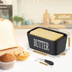 Ceramic Butter Dish with Lid and Knife, Airtight Black Butter Container, Butter Holder for Butter Storage, Butter Keeper for Countertop, Perfect for West or East Coast Butter