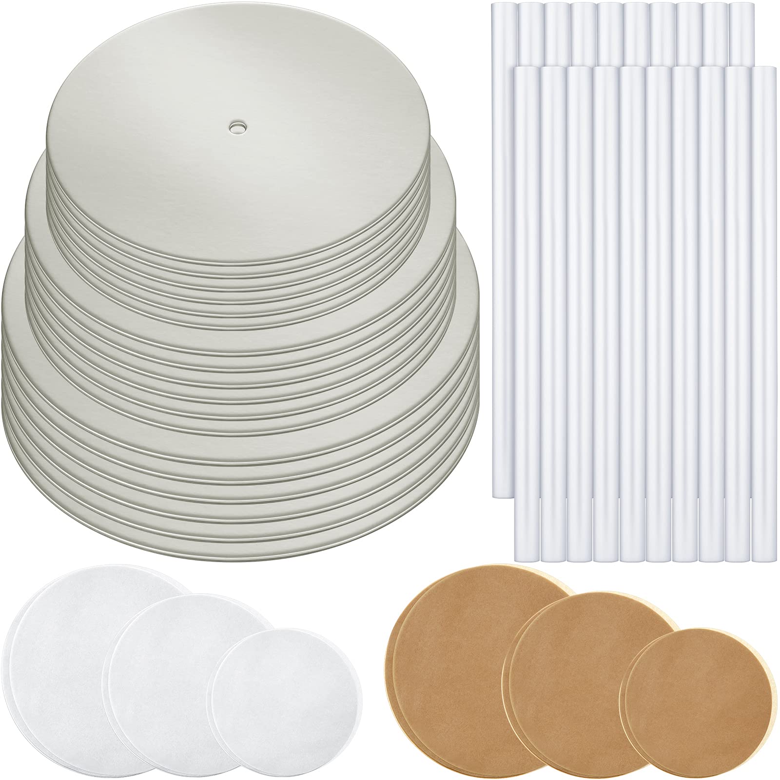 98 Pieces Cake Tier Stacking Kit Sturdy Round Cake Boards 6 Inch, 8 Inch, 10 Inch with Parchment Paper Round and Plastic Cake Dowel Rods for Tiered Cakes for Wedding Birthday Party