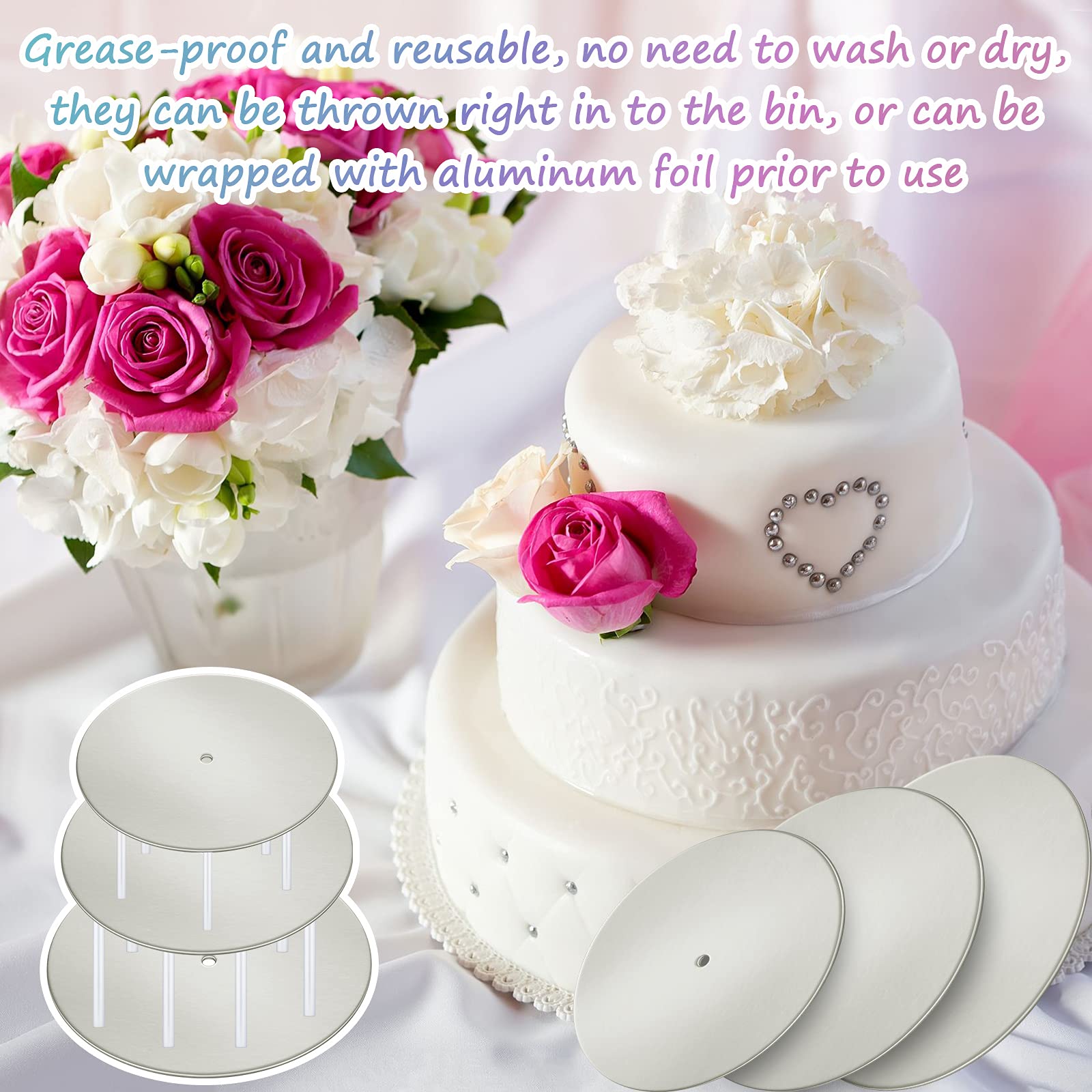 98 Pieces Cake Tier Stacking Kit Sturdy Round Cake Boards 6 Inch, 8 Inch, 10 Inch with Parchment Paper Round and Plastic Cake Dowel Rods for Tiered Cakes for Wedding Birthday Party