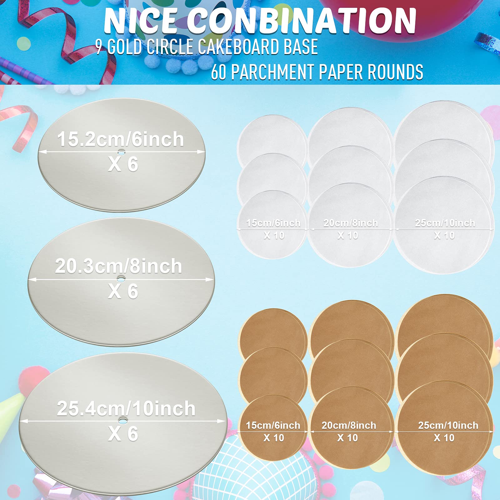 98 Pieces Cake Tier Stacking Kit Sturdy Round Cake Boards 6 Inch, 8 Inch, 10 Inch with Parchment Paper Round and Plastic Cake Dowel Rods for Tiered Cakes for Wedding Birthday Party