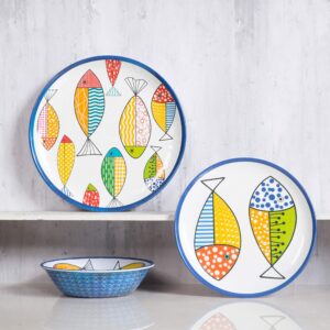 gofunfun melamine dinnerware set for 4, plates and bowls sets, great for camper, rv, indoors outdoors use with ocean printed, unbreakable