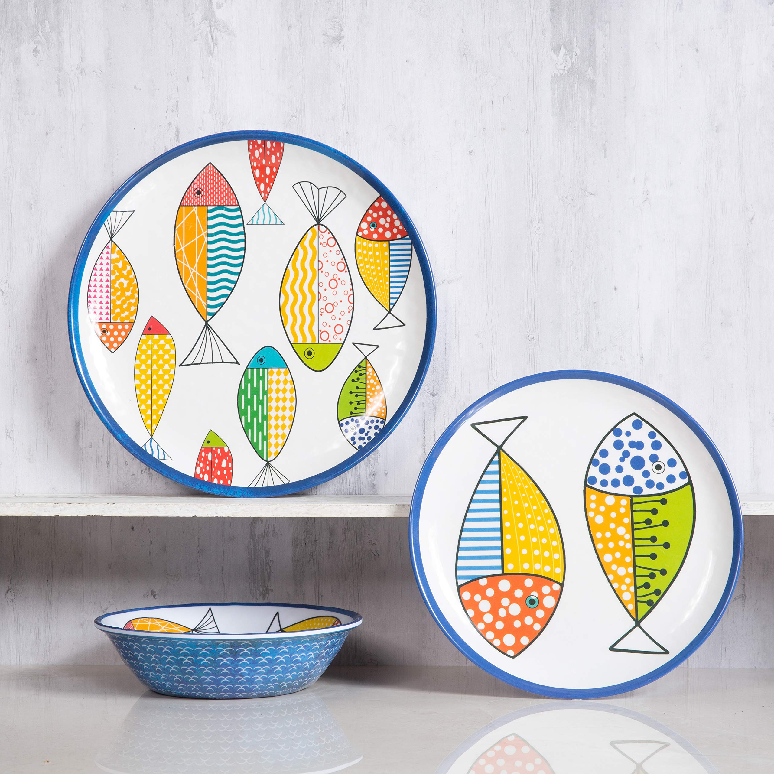 Gofunfun Melamine Dinnerware set for 4, Plates and Bowls Sets, Great for Camper, RV, Indoors Outdoors Use with Ocean Printed, Unbreakable