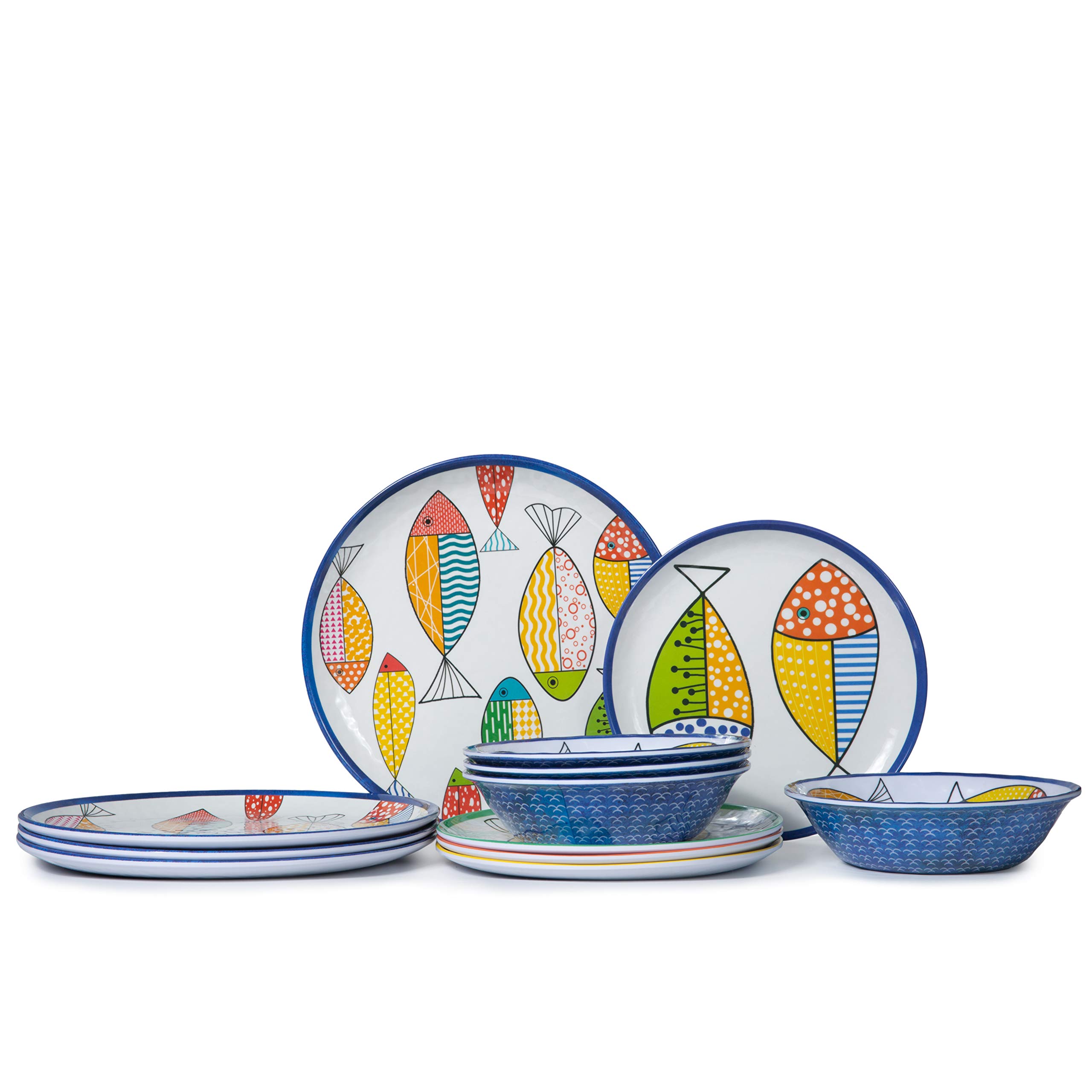 Gofunfun Melamine Dinnerware set for 4, Plates and Bowls Sets, Great for Camper, RV, Indoors Outdoors Use with Ocean Printed, Unbreakable