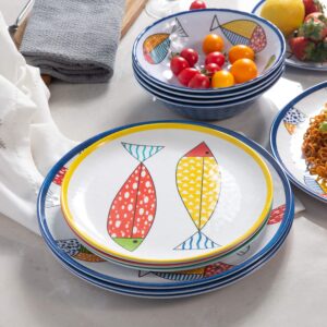 Gofunfun Melamine Dinnerware set for 4, Plates and Bowls Sets, Great for Camper, RV, Indoors Outdoors Use with Ocean Printed, Unbreakable