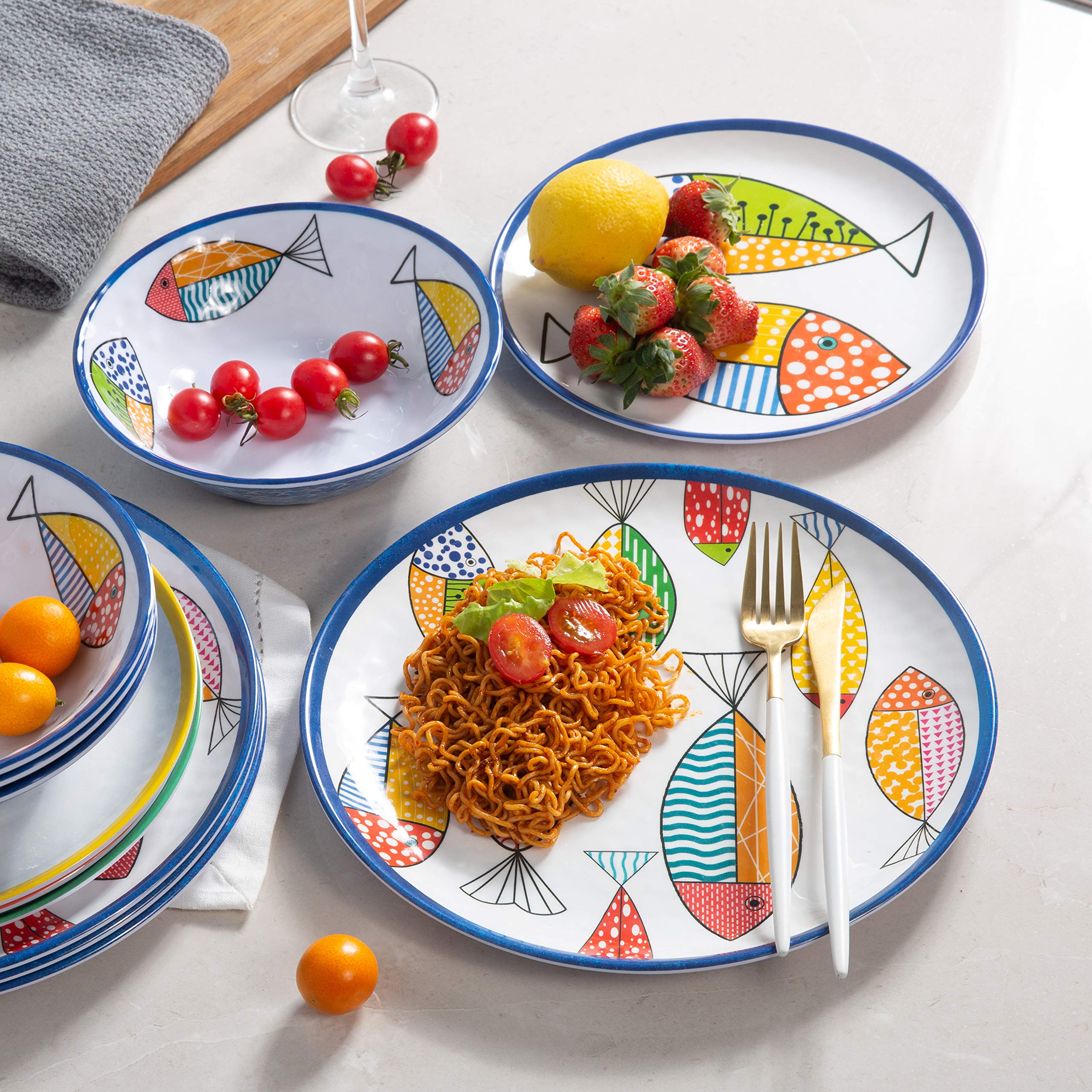 Gofunfun Melamine Dinnerware set for 4, Plates and Bowls Sets, Great for Camper, RV, Indoors Outdoors Use with Ocean Printed, Unbreakable