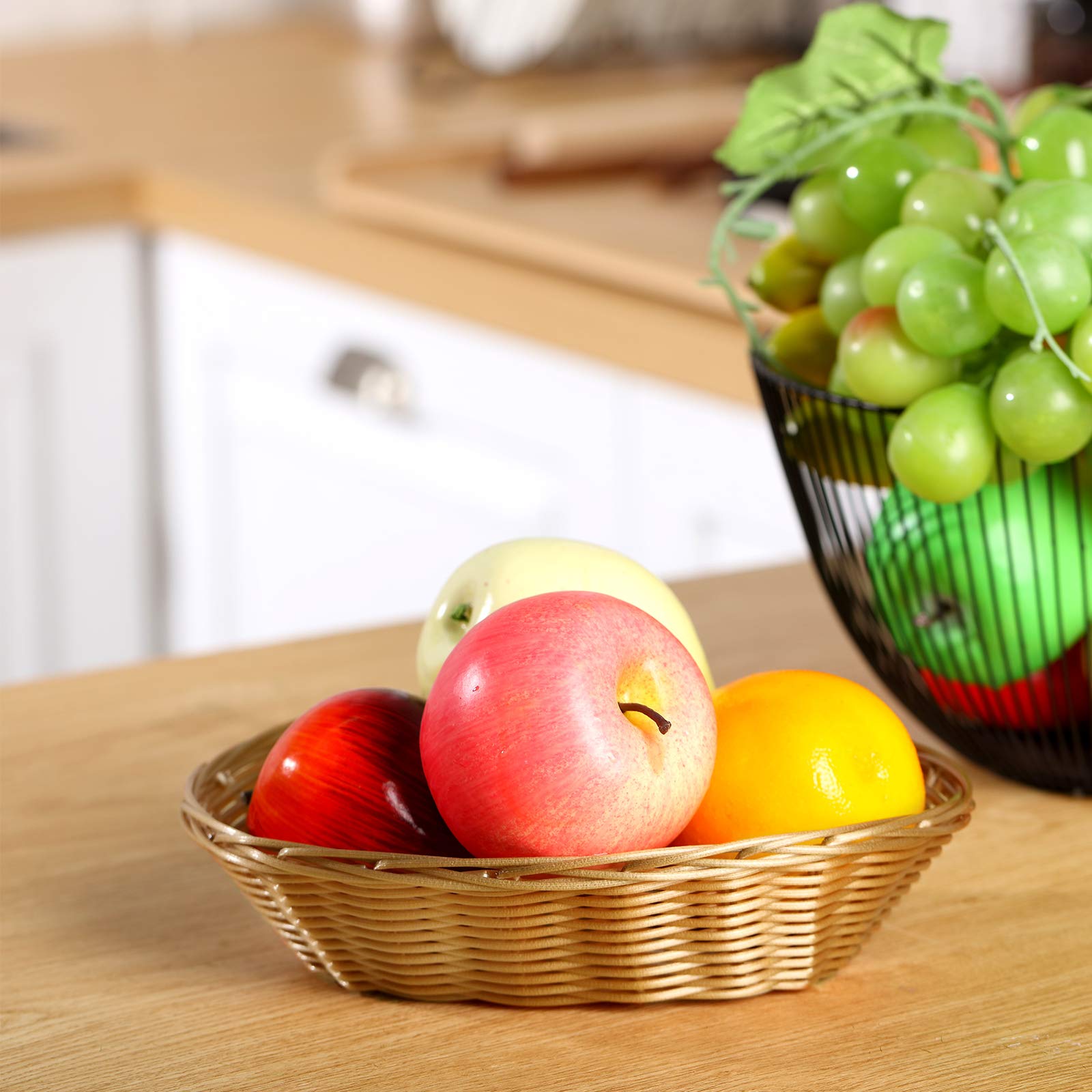 Oval Basket Food Storage Basket Woven Empty Basket Fruit Basket 9 x 6 x 2.25 Inches Present Baskets with Colorful Pull Bows and Clear Bags for Kitchen, Restaurant, Wrapping Presents (6 Pack)