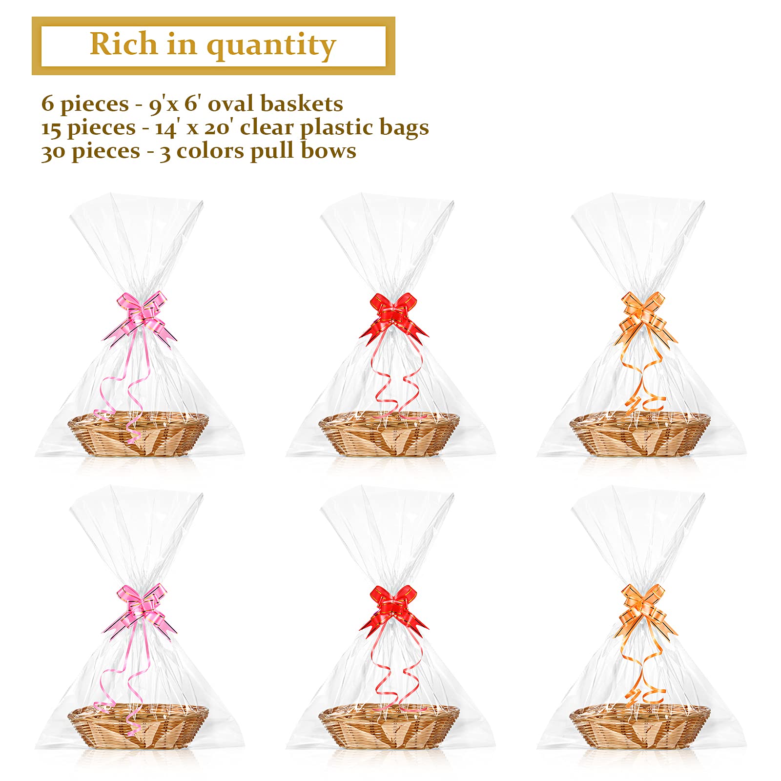 Oval Basket Food Storage Basket Woven Empty Basket Fruit Basket 9 x 6 x 2.25 Inches Present Baskets with Colorful Pull Bows and Clear Bags for Kitchen, Restaurant, Wrapping Presents (6 Pack)