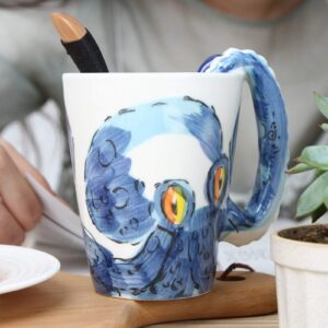 3D Coffee Mug, Handmade Hand Painted Creative Art Mug Ceramic Milk Cups Travel Mug Ocean Octopus Squid Style with Octopus Tentacles Beard Handle Christmas gift