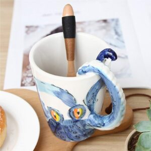 3D Coffee Mug, Handmade Hand Painted Creative Art Mug Ceramic Milk Cups Travel Mug Ocean Octopus Squid Style with Octopus Tentacles Beard Handle Christmas gift