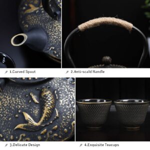 Ufine Koi Fish Cast Iron Teapot Set Stove Top Tea Kettle with 4 Cups Japanese Style Tetsubin Tea Gift Set, 26 oz with Stainless Steel Infuser