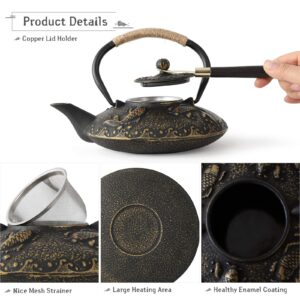 Ufine Koi Fish Cast Iron Teapot Set Stove Top Tea Kettle with 4 Cups Japanese Style Tetsubin Tea Gift Set, 26 oz with Stainless Steel Infuser