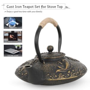 Ufine Koi Fish Cast Iron Teapot Set Stove Top Tea Kettle with 4 Cups Japanese Style Tetsubin Tea Gift Set, 26 oz with Stainless Steel Infuser