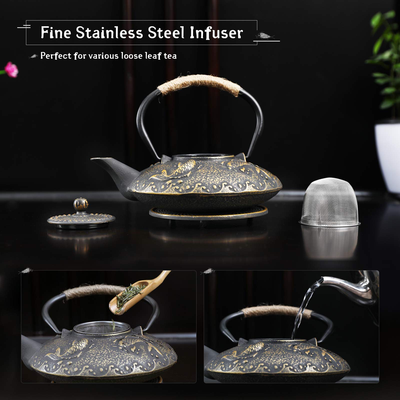 Ufine Koi Fish Cast Iron Teapot Set Stove Top Tea Kettle with 4 Cups Japanese Style Tetsubin Tea Gift Set, 26 oz with Stainless Steel Infuser