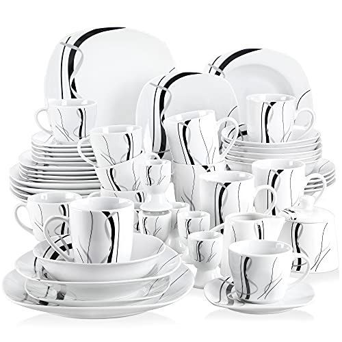 VEWEET, Series Fiona, Dinnerware Sets for 6, 50-Piece Porcelain Dish Set, Including Dinner Plates and Bowls, Mugs, Egg Cups, Cup and Saucer Set, Milk Jug Sugar Pot, Microwave Dishwasher Safe