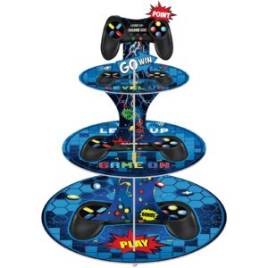3-tier video game cupcake stand reusable mini game theme cake stand cardboard gamer cupcake holder stand for birthday theme party supplies dessert stand (blue, classic style)