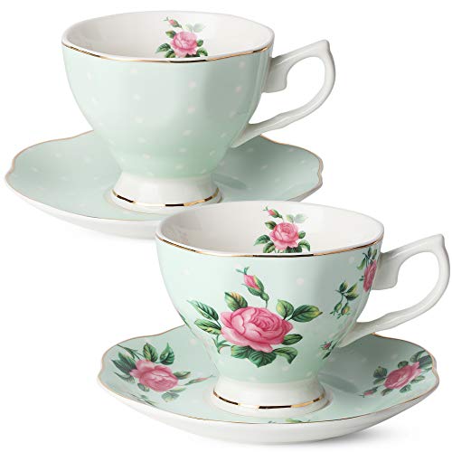 BTaT- Floral Tea Cups and Saucers, Set of 2, 8oz, with Gold Trim and Gift Box, Coffee Cups, Floral Tea Cup Set, British Tea Cups, Porcelain Tea Set, Tea Sets for Women