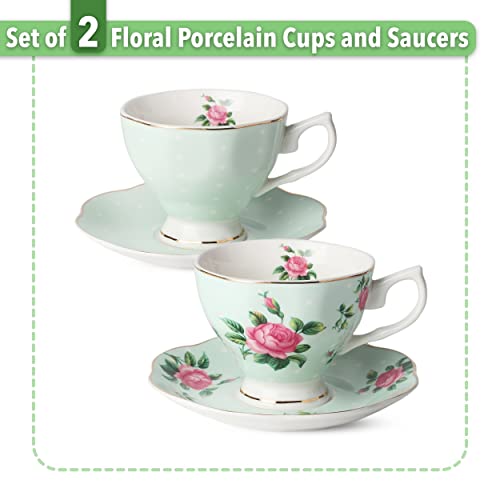 BTaT- Floral Tea Cups and Saucers, Set of 2, 8oz, with Gold Trim and Gift Box, Coffee Cups, Floral Tea Cup Set, British Tea Cups, Porcelain Tea Set, Tea Sets for Women