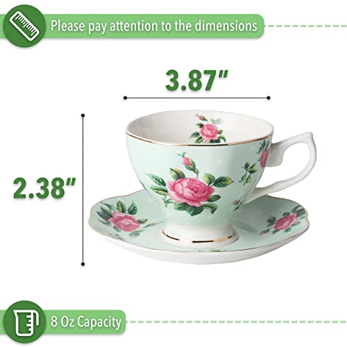 BTaT- Floral Tea Cups and Saucers, Set of 2, 8oz, with Gold Trim and Gift Box, Coffee Cups, Floral Tea Cup Set, British Tea Cups, Porcelain Tea Set, Tea Sets for Women