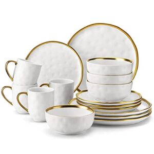 lovecasa stoneware dish set for 4, handmade plates and bowls sets, 16 pcs white and gold dinnerware sets, dishwasher safe