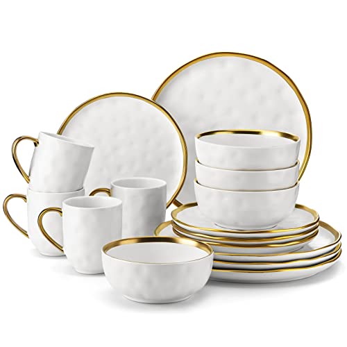 LOVECASA Stoneware Dish Set for 4, Handmade Plates and Bowls Sets, 16 PCS White and Gold Dinnerware Sets, Dishwasher Safe