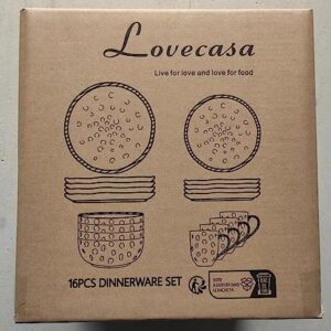 LOVECASA Stoneware Dish Set for 4, Handmade Plates and Bowls Sets, 16 PCS White and Gold Dinnerware Sets, Dishwasher Safe