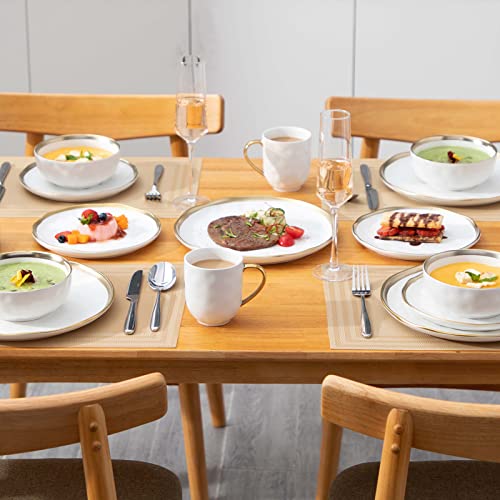 LOVECASA Stoneware Dish Set for 4, Handmade Plates and Bowls Sets, 16 PCS White and Gold Dinnerware Sets, Dishwasher Safe