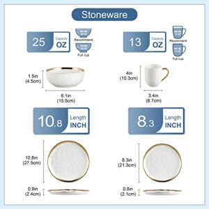 LOVECASA Stoneware Dish Set for 4, Handmade Plates and Bowls Sets, 16 PCS White and Gold Dinnerware Sets, Dishwasher Safe