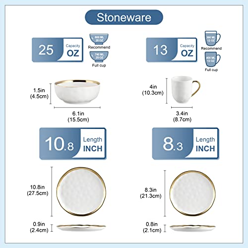 LOVECASA Stoneware Dish Set for 4, Handmade Plates and Bowls Sets, 16 PCS White and Gold Dinnerware Sets, Dishwasher Safe