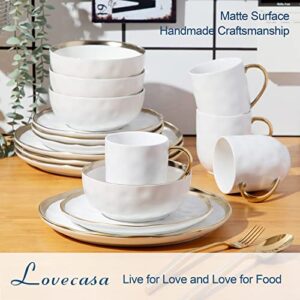 LOVECASA Stoneware Dish Set for 4, Handmade Plates and Bowls Sets, 16 PCS White and Gold Dinnerware Sets, Dishwasher Safe