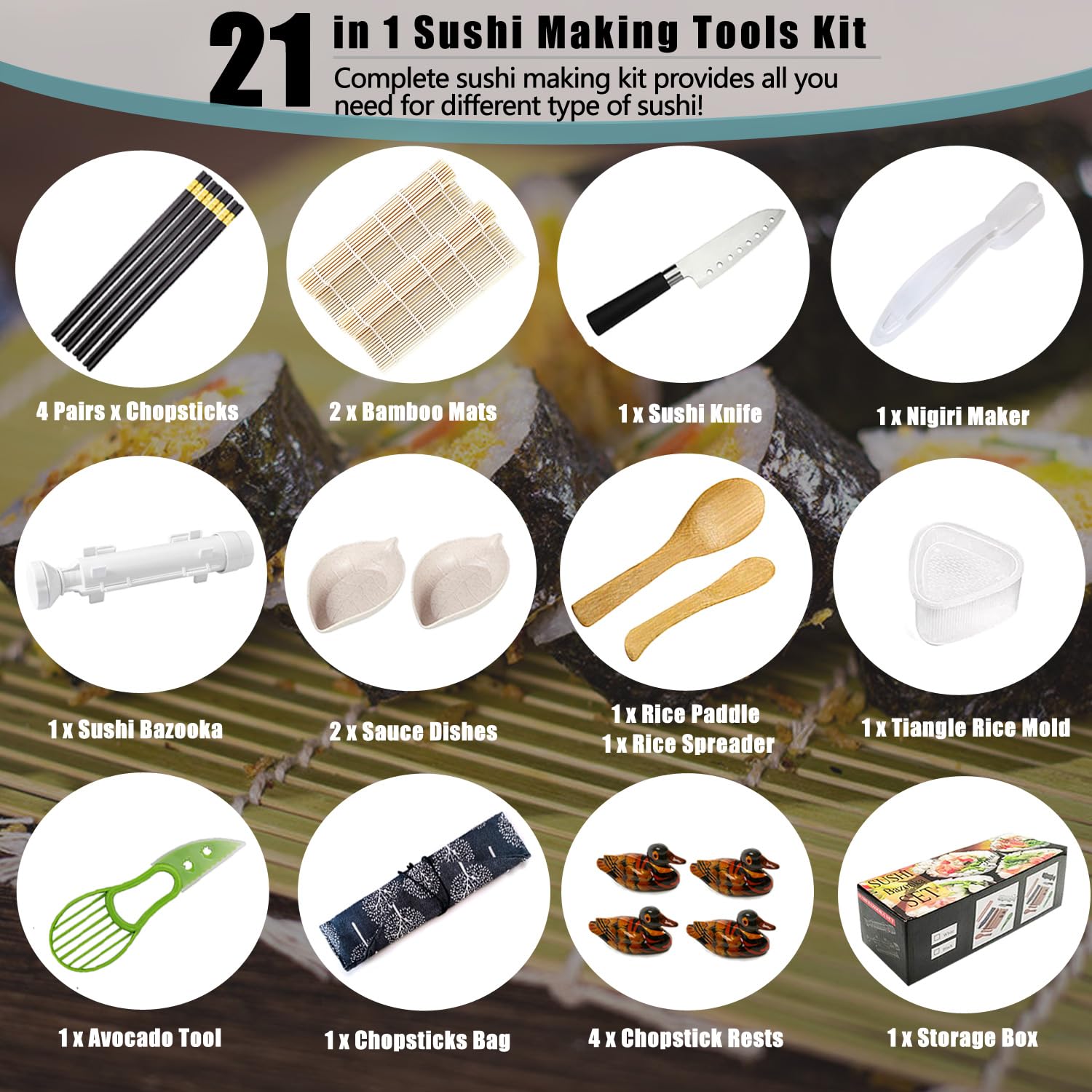 Premium Sushi Making Kit for Home, Sushi Rice Mold Sushi Roller Tools for Beginners, with Bamboo Mats, Sushi Bazooka, Temaki Sushi Mold 21 in 1