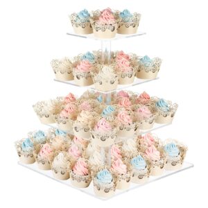cupcake stand with base, 4-tier square acrylic cupcake display stand dessert tower pastry stand premium cupcake holder for wedding birthday theme party - transparent