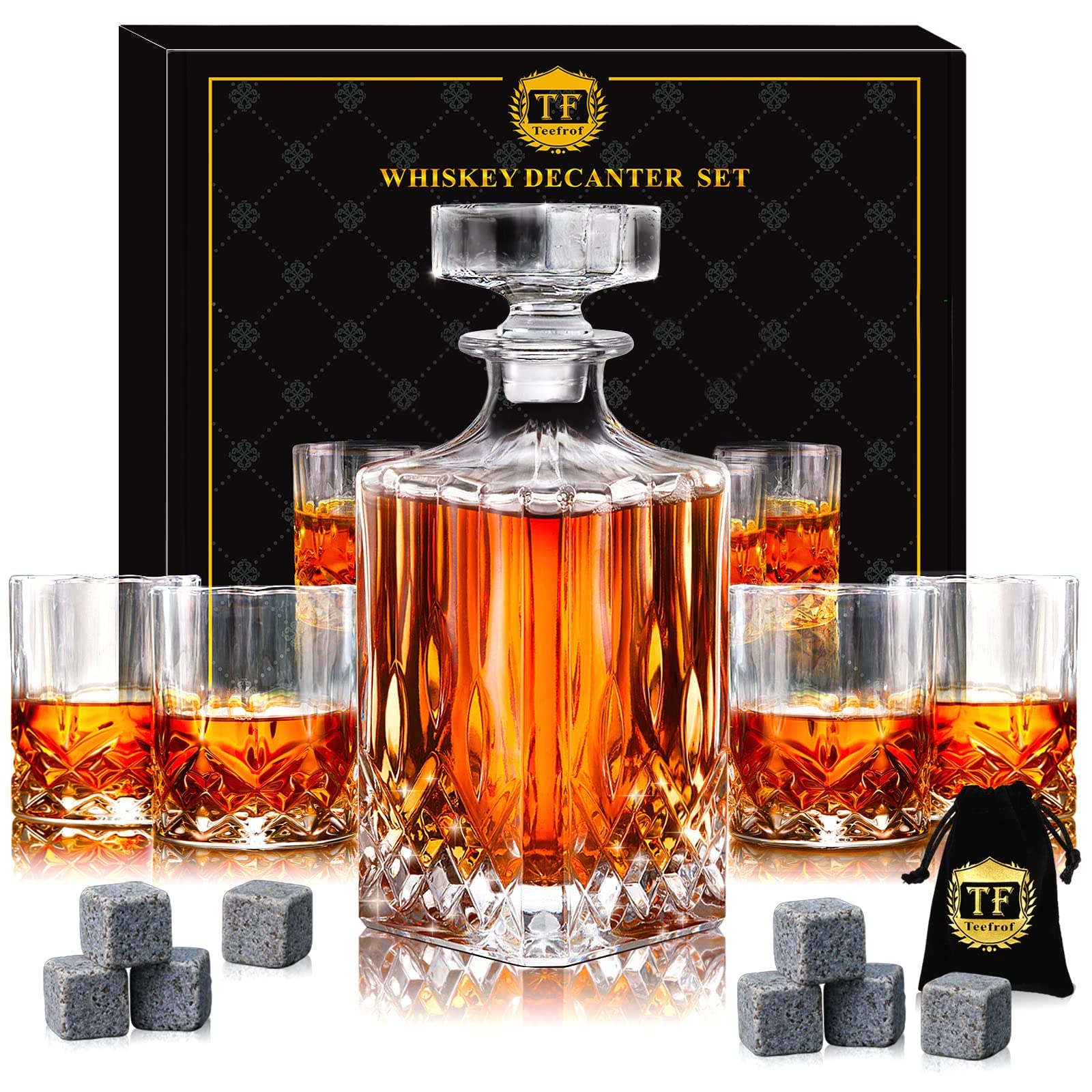 Whiskey Decanter Set with 4 Glasses & 8 Whiskey Stones, Whiskey Decanter Sets for Men, Valentine's Day Gift, Anniversary Birthday Gifts for Father Mother Husband, Decanter Set With Glasses for Bourbon