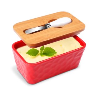 gute butter dish, ceramic butter dish with lid and knife for countertop, double silicone seal butter keeper,large butter container for west east coast butter,unique stone pattern,red