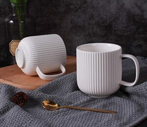 porcelain white mugs for coffee, tea, cocoa, set of 4, 12 oz, lined texture, matte