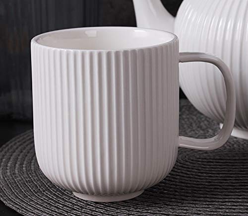 Porcelain White Mugs for Coffee, Tea, Cocoa, Set of 4, 12 oz, Lined Texture, Matte